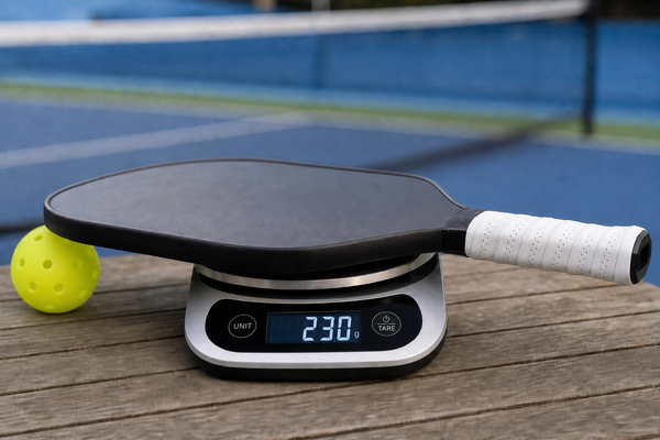 Black pickleball paddle balanced on a digital scale reading 230 grams, with a yellow ball beside it