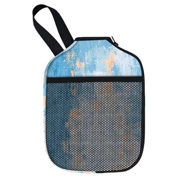 Front view of blue neoprene pickleball paddle cover with smooth zipper closure on white background