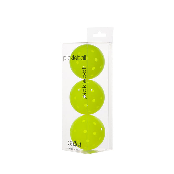 Pack of 3 green professional pickleball balls in a clear retail box