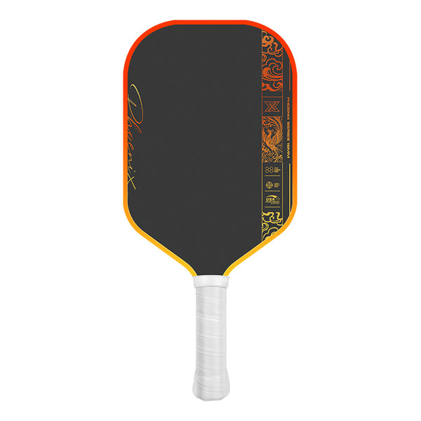 Phoenix elongated carbon fibre pickleball paddle in orange — black face with gold phoenix artwork and a white grip, front view