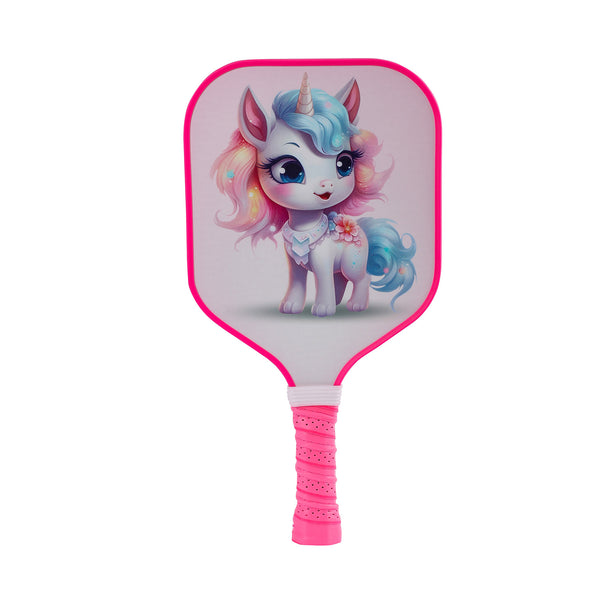 Kids pickleball paddle with a pastel unicorn design and pink grip