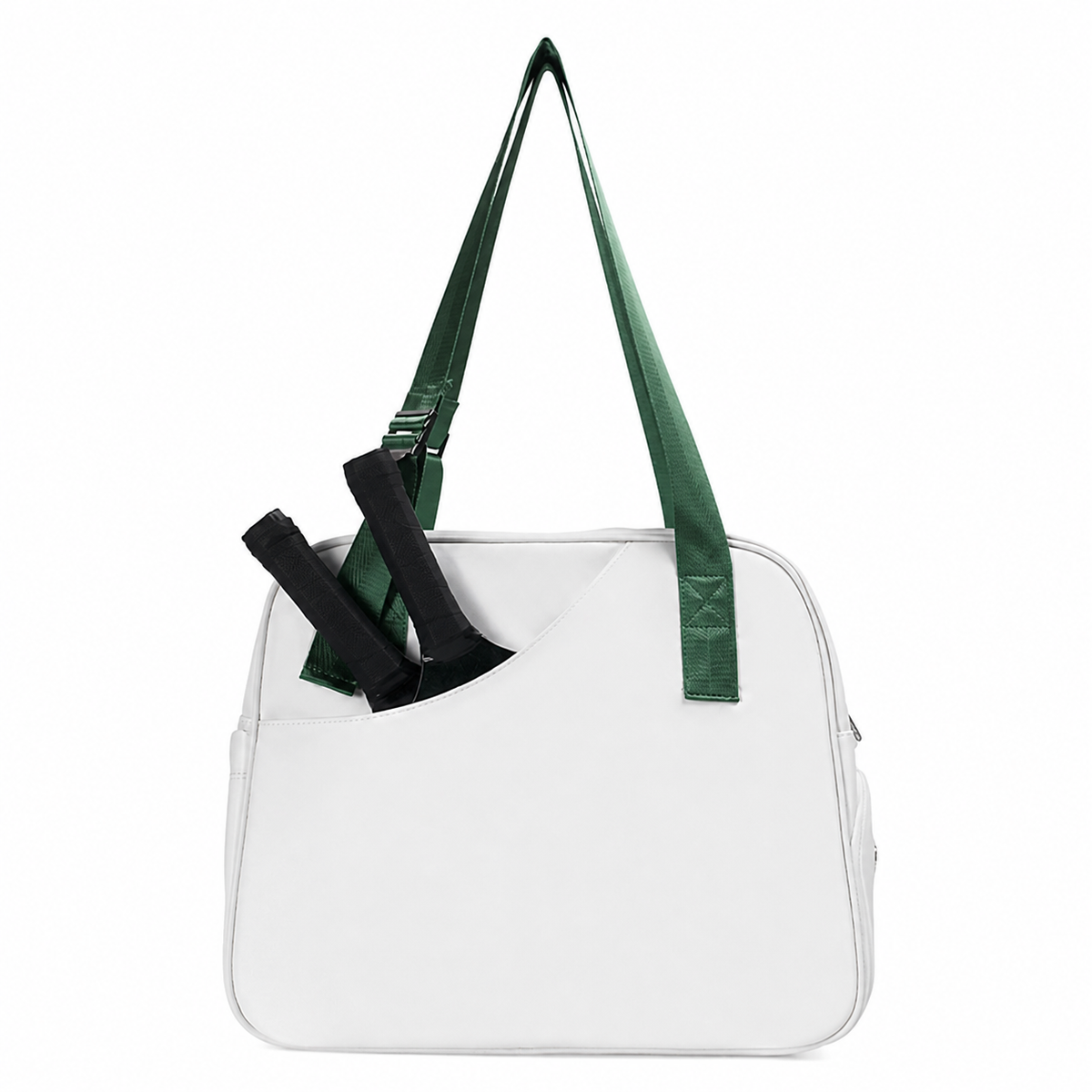 White pickleball tote bag with a green strap and two paddles in the angled front pocket