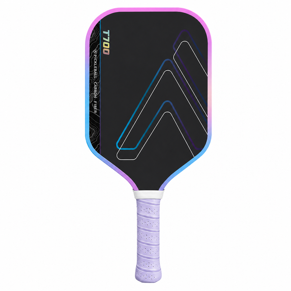 Pink pickleball paddle with a black 16mm T700 carbon fibre face, iridescent pink-to-blue edge and lavender grip, front view