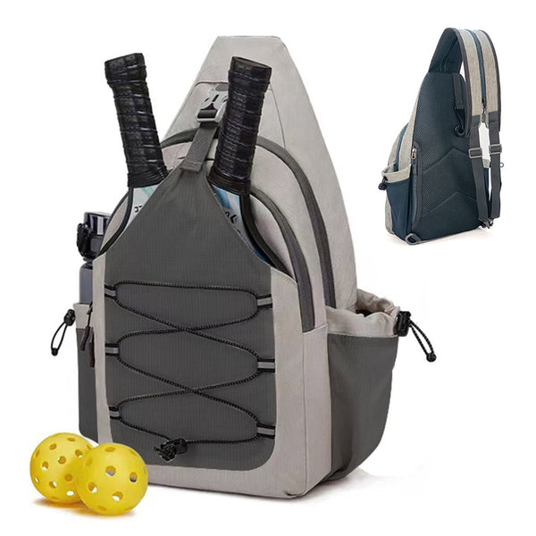Gray pickleball bag for sale with two paddle slots and pickleballs