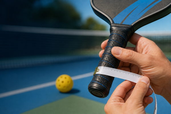 Hands measuring the circumference of a pickleball paddle handle with a tape measure on a blue court