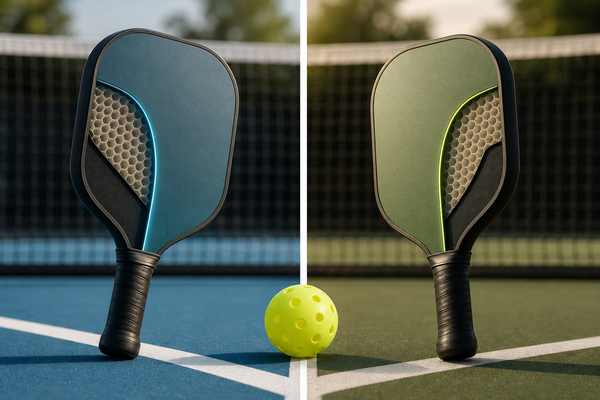 Two pickleball paddles side by side on a court, showing the honeycomb core thickness visible at the edge