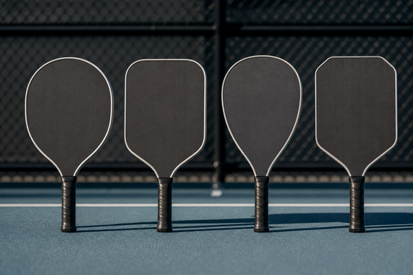 Four pickleball paddles standing in a row on a court, showing different face shapes from widebody to elongated