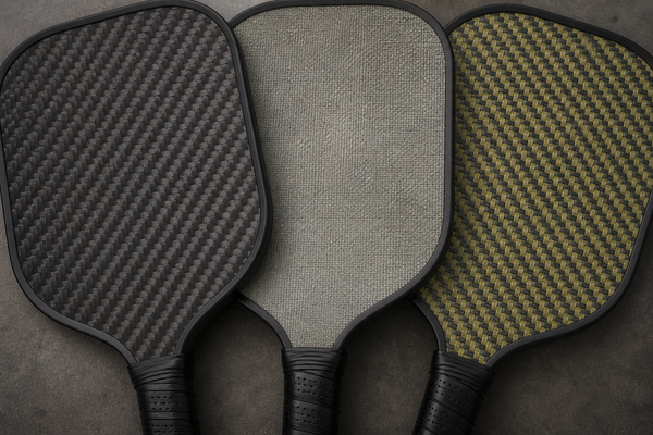 Close-up of three pickleball paddle faces: black carbon fibre weave, smooth grey composite, and yellow kevlar weave