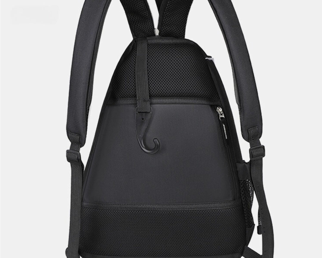 Back view of black pickleball backpack showing padded shoulder straps and breathable panel designed for long-lasting comfort on and off the court