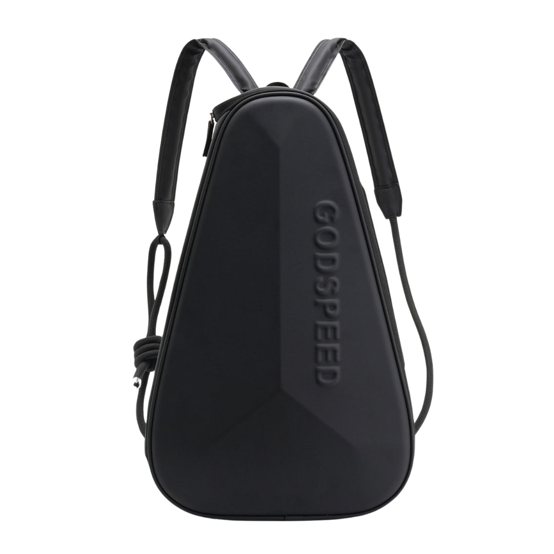 Black pickleball backpack with hard shell exterior, durable and waterproof design