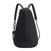 Black pickleball backpack with hard shell exterior, durable and waterproof design
