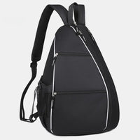Front view of black pickleball backpack featuring multiple zippered pockets for paddle, phone, keys, and accessories
