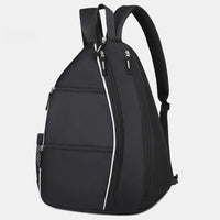 Side view of black pickleball backpack with dedicated water bottle holder and weather-resistant nylon construction