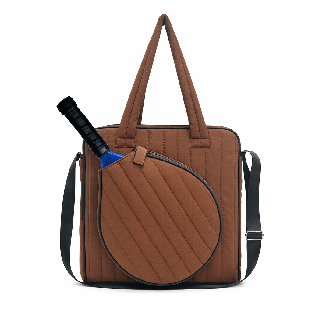 Brown quilted pickleball sling bag with circular paddle pocket and black adjustable crossbody strap, front view on white background