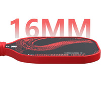 Close-up edge view of the Dragon Slayer T800 thermoformed carbon fiber pickleball paddle showing 16mm polymer honeycomb core thickness and red TPU edge guard