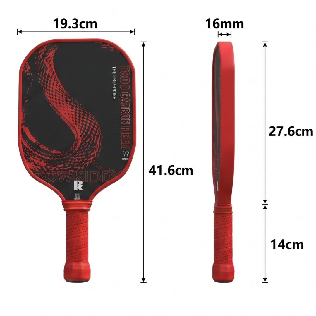 Dragon Slayer T800 carbon fiber pickleball paddle dimensions diagram showing 19.3cm width, 41.6cm total length, 27.6cm face length and 16mm thickness