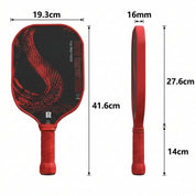 Dragon Slayer T800 carbon fiber pickleball paddle dimensions diagram showing 19.3cm width, 41.6cm total length, 27.6cm face length and 16mm thickness