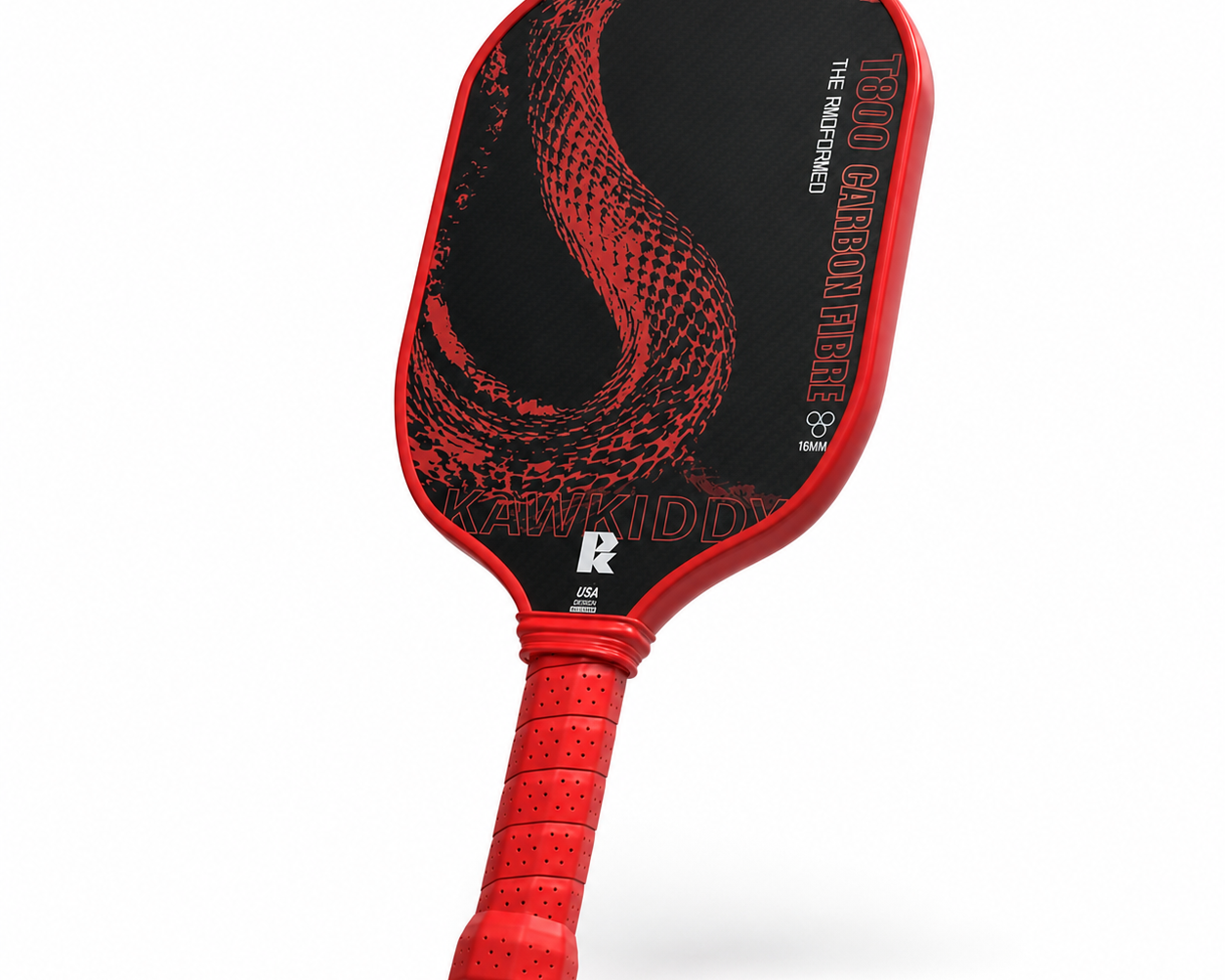 Dragon Slayer T800 carbon fiber pickleball paddle 16mm angled view scale texture, red edge guard and USA Pickleball approved badge