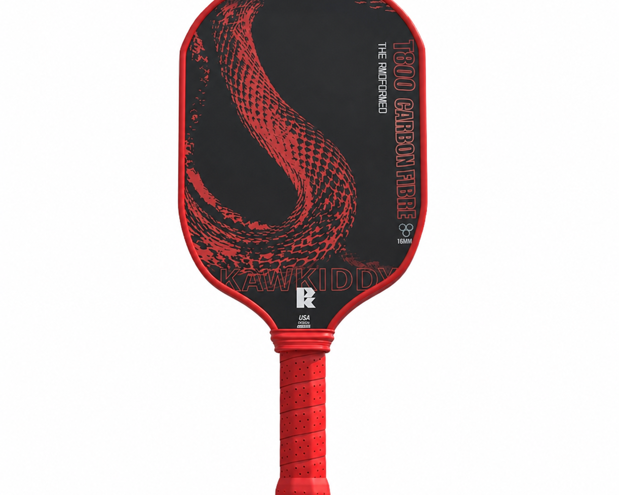 Dragon Slayer T800 thermoformed carbon fiber pickleball paddle in red with graphic design, red TPU edge guard and red perforated grip handle