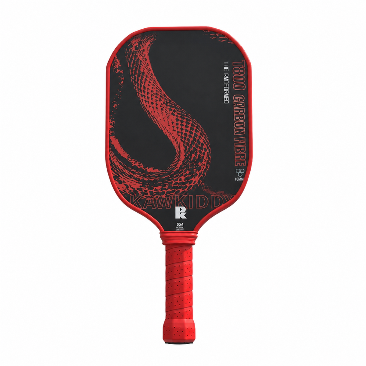 Dragon Slayer T800 thermoformed carbon fiber pickleball paddle in red with graphic design, red TPU edge guard and red perforated grip handle