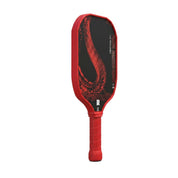 Angled view of Dragon Slayer T800 carbon fiber pickleball paddle showing red snake scale texture and red perforated grip handle