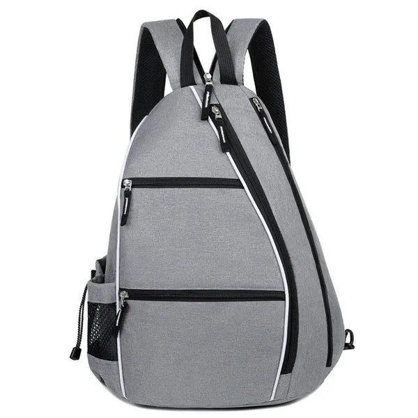 Front view of grey pickleball backpack showing zippered compartments, water bottle pocket, and ergonomic padded straps