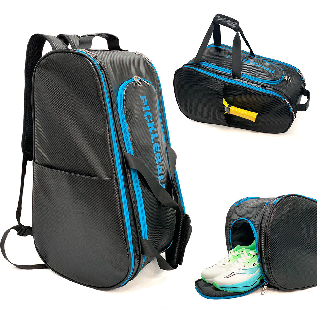 Back and side view of the PickleballDoor large pickleball backpack showing padded adjustable shoulder straps, orange zipper pulls, and carbon-fiber texture nylon shell on white background