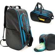 Back and side view of the PickleballDoor large pickleball backpack showing padded adjustable shoulder straps, orange zipper pulls, and carbon-fiber texture nylon shell on white background