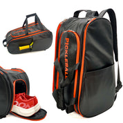 Large black and orange pickleball backpack showing three views: front backpack view with orange PICKLEBALL branding, top duffle carry view, and open shoe compartment with red court shoes — PickleballDoor large pickleball bag
