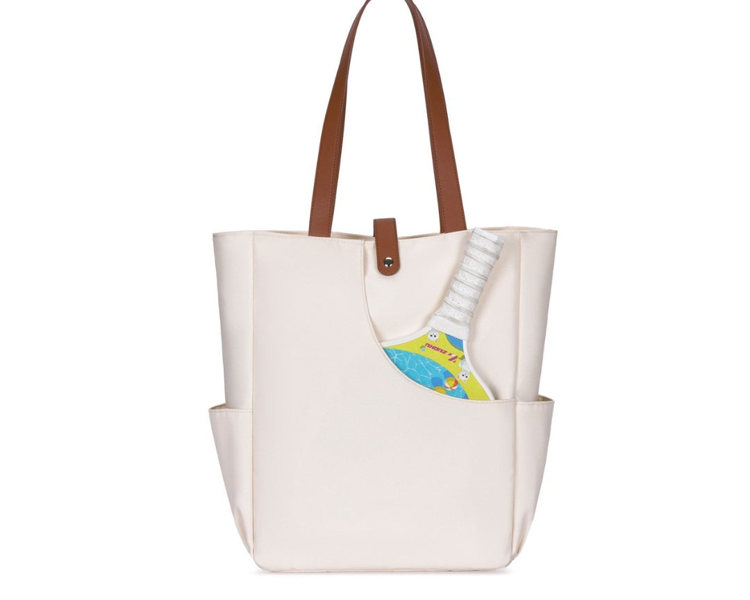 Close-up of large pickleball bag compartments showing padded paddle protection, water bottle pocket and intelligent interior organization