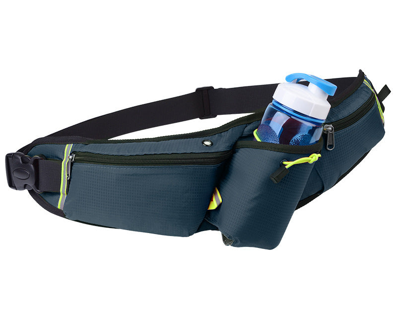 Navy blue pickleball sling bag with multiple zippered pockets and secure water bottle holder