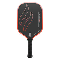 T700 Pro carbon fiber pickleball paddle in gradient orange — black 16mm carbon friction face with flame graphic and black grip, front view