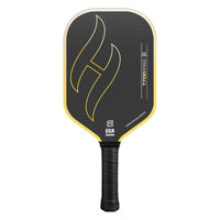 T700 Pro carbon fiber pickleball paddle in gradient yellow — black 16mm carbon friction face with flame graphic and black grip, front view