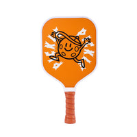 Kids pickleball paddle with an orange frog design and orange grip