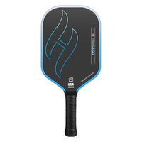 T700 Pro carbon fiber pickleball paddle in gradient blue — black 16mm carbon friction face with flame graphic and black grip, front view