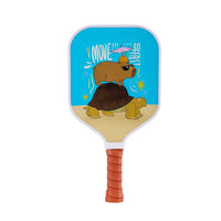 Kids pickleball paddle with a blue turtle design and orange grip