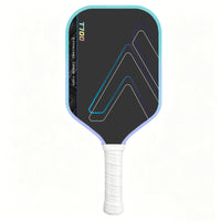 Light blue pickleball paddle with a black 16mm T700 carbon fibre face, cyan-to-lavender edge and white grip, front view