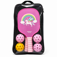 Kids pickleball set in a clear carry bag with a pink unicorn paddle and three balls