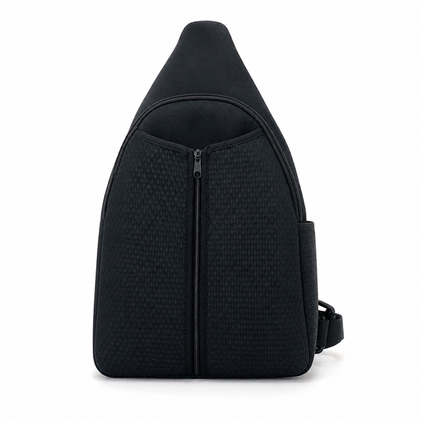 Neoprene pickleball sling bag in black with a triangular perforated shell and adjustable crossbody strap