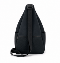 Neoprene pickleball sling bag in navy with a triangular perforated shell and adjustable crossbody strap