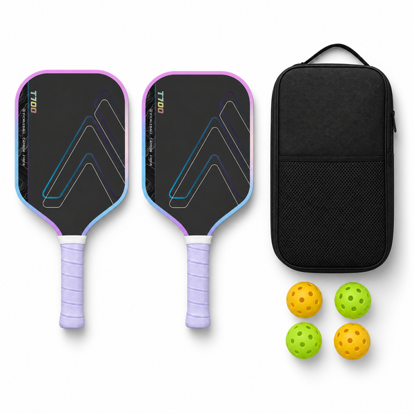 2-player pickleball paddle set in pink — two T700 carbon fibre paddles, a black zip carry case and four indoor and outdoor balls