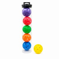 Tall tube of 6 indoor and outdoor pickleball balls in purple, red, green, orange and blue