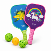 Kids pickleball paddle set with dinosaur and unicorn paddles and three coloured balls