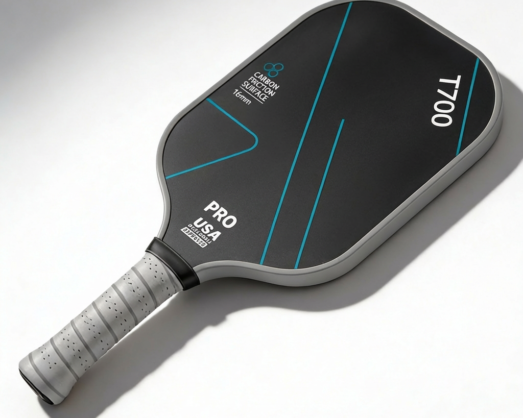 A lightweight 16mm carbon fiber pickleball paddle, angled to show the slim profile and core thickness.