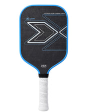 PickleballDoor titanium weave carbon fiber pickleball paddle in blue, 16mm core, USA Pickleball approved, white cushion grip, front view