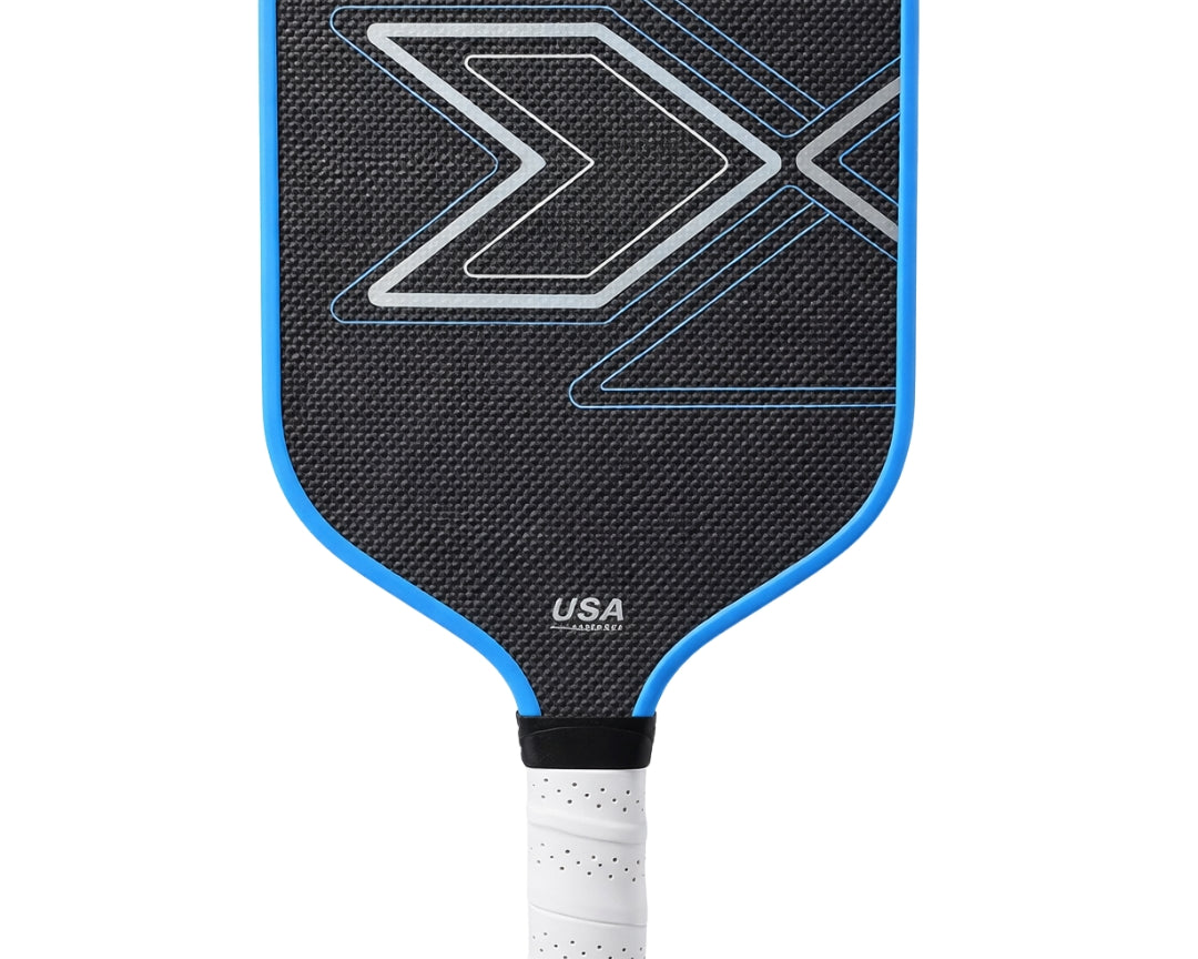 PickleballDoor titanium weave carbon fiber pickleball paddle in blue, 16mm core, USA Pickleball approved, white cushion grip, front view
