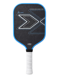PickleballDoor titanium weave carbon fiber pickleball paddle in blue, 16mm core, white cushion grip, front view