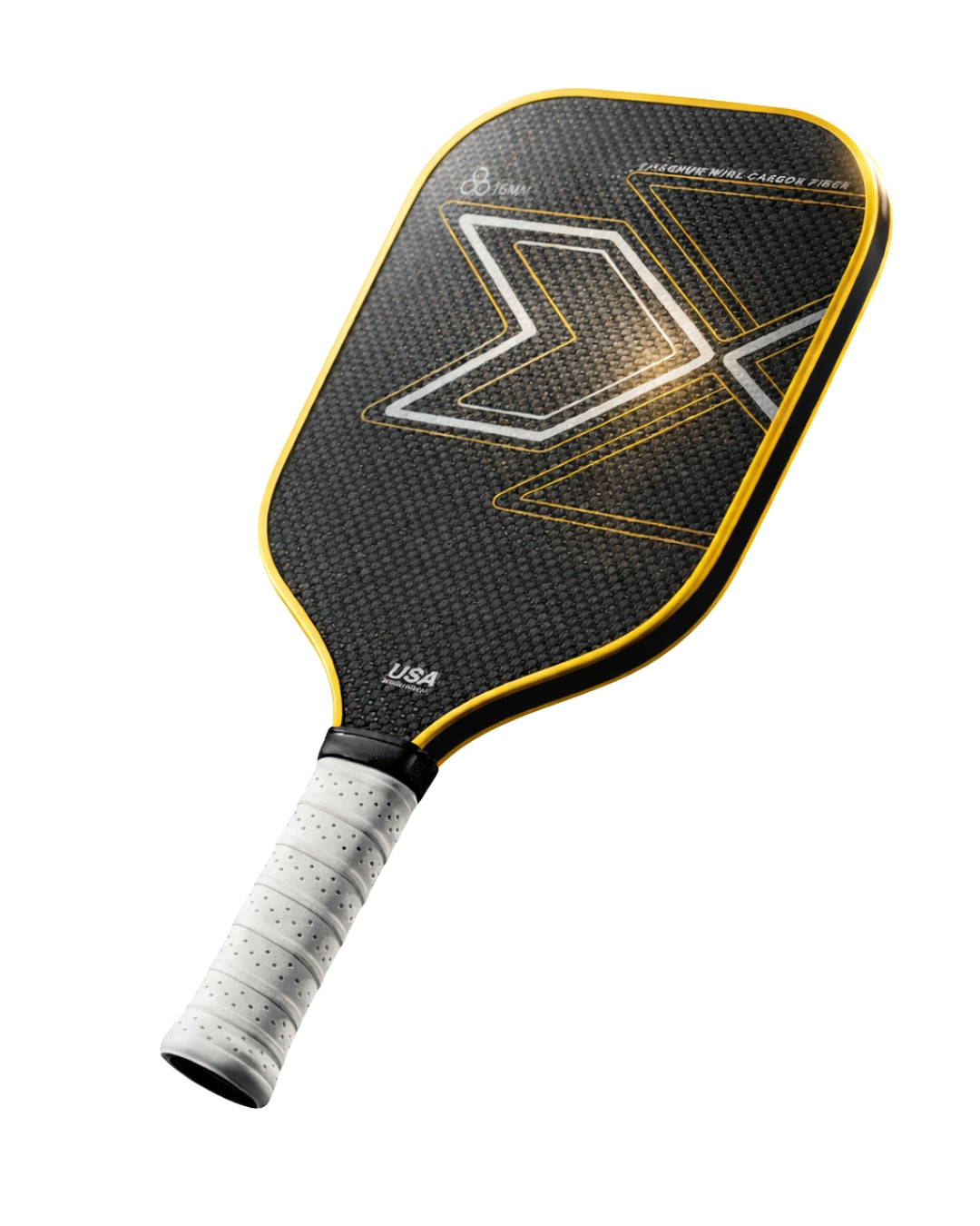 PickleballDoor titanium weave carbon fiber pickleball paddle in gold, 16mm core, USA Pickleball approved, white cushion grip, front view