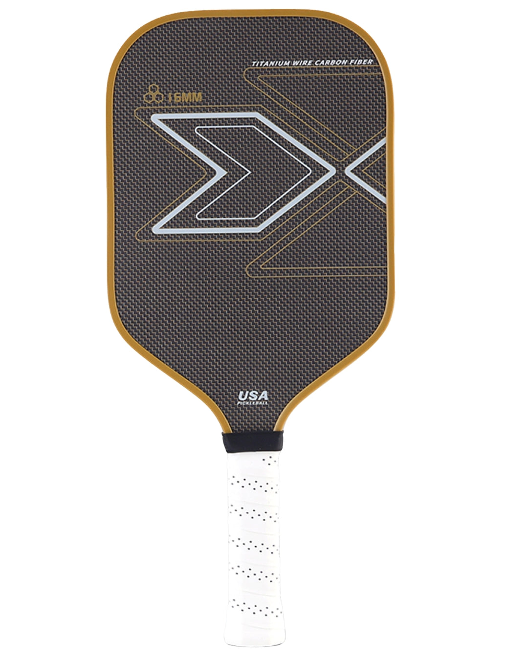 Close-up detail of PickleballDoor titanium wire carbon fiber pickleball paddle face, showing textured weave surface and bold aerodynamic graphic design