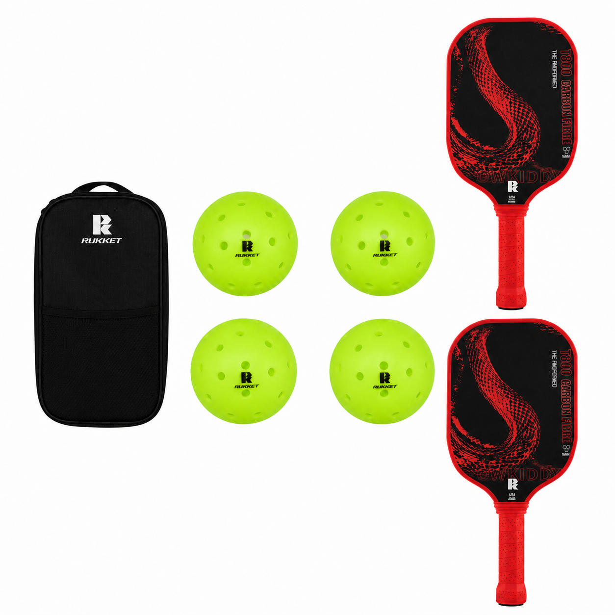 Pickleball paddle set with 2 Dragon Slayer T800 carbon fiber paddles, 4 yellow outdoor pickleballs and black RUKKET carry case